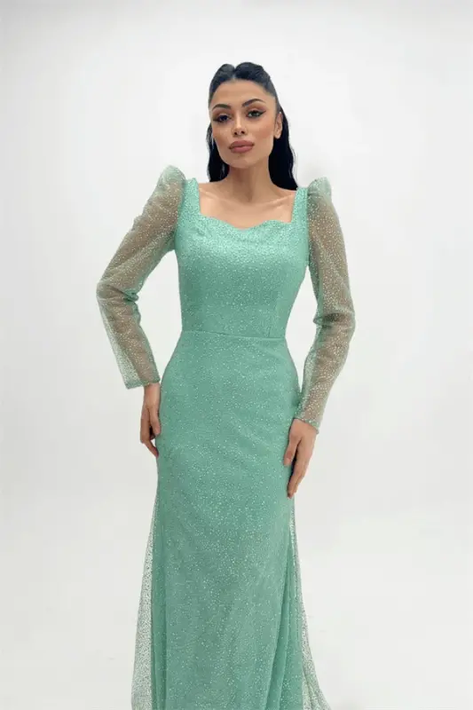 Sequined Tulle Fabric Square Neck Fishtail Dress - MINT GREEN - 1