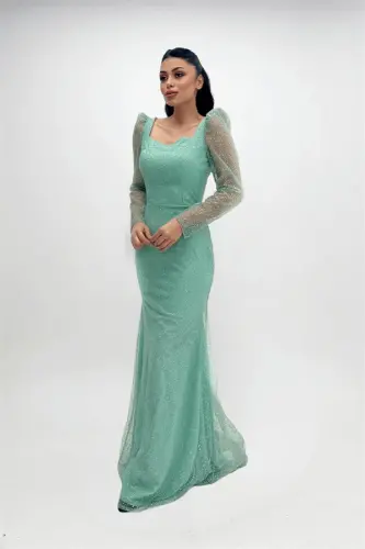 Sequined Tulle Fabric Square Neck Fishtail Dress - MINT GREEN - 4
