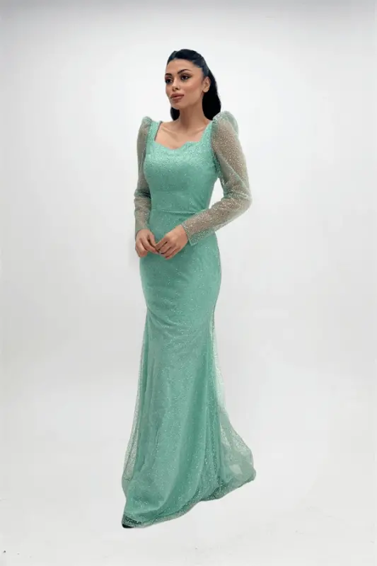 Sequined Tulle Fabric Square Neck Fishtail Dress - MINT GREEN - 4