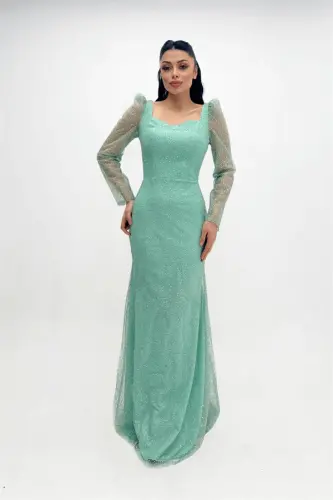 Sequined Tulle Fabric Square Neck Fishtail Dress - MINT GREEN - 5
