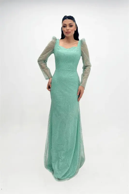 Sequined Tulle Fabric Square Neck Fishtail Dress - MINT GREEN - 5