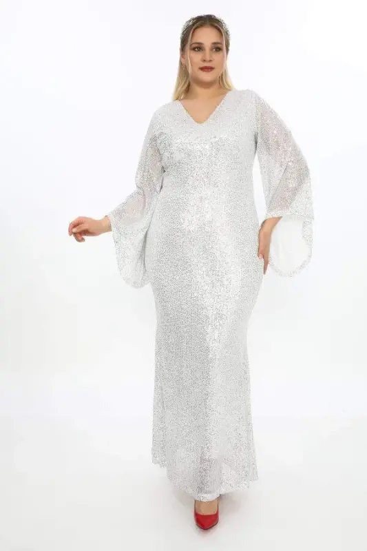 Sequinli payetli katta uzun kiyim KL3100 Kumush rang - 1