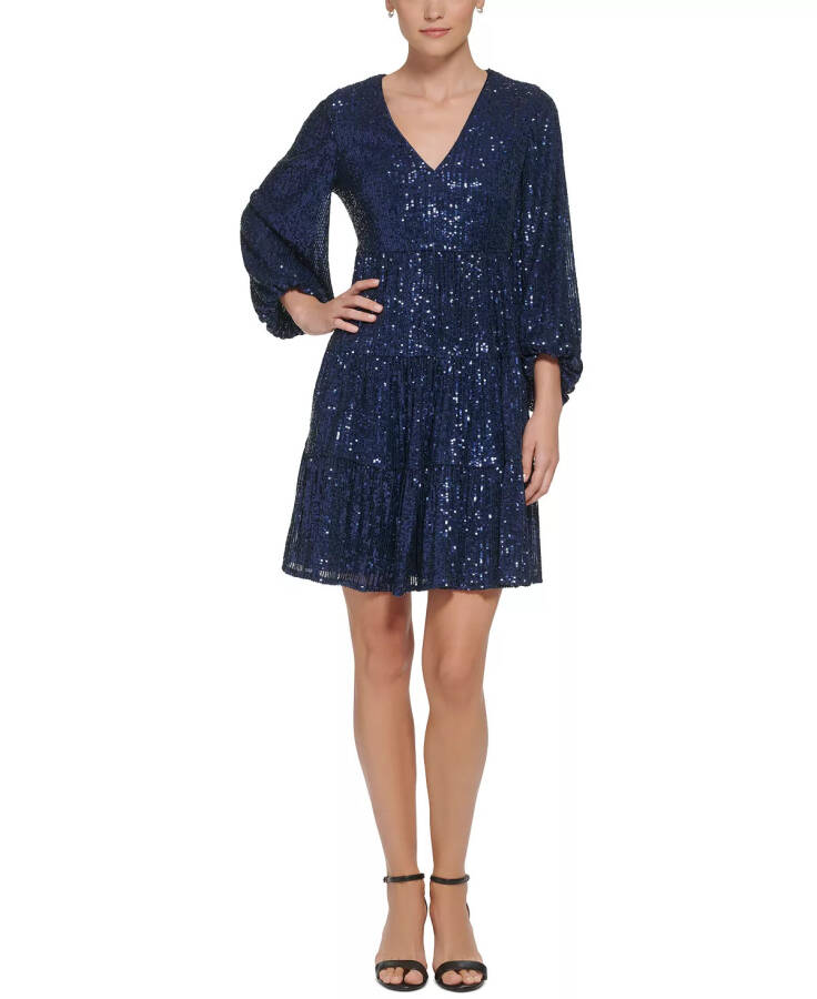 Sequinned Tiered Fit & Flare Dress - Navy - 1