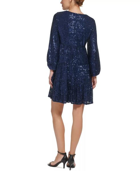 Sequinned Tiered Fit & Flare Dress - Navy - 2