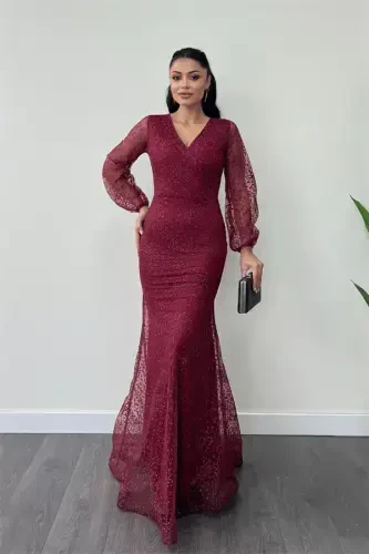 Sequinned Tulle Fabric Crossover Neck Fishtail Dress - BURGUNDY - 1