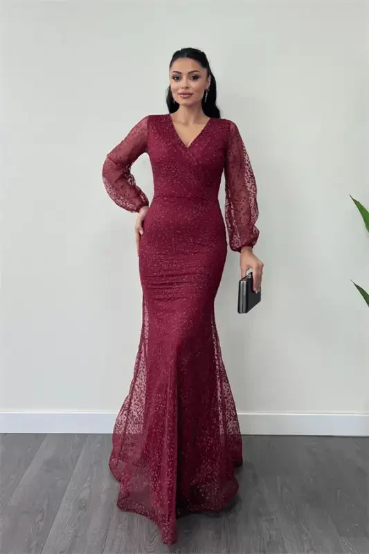 Sequinned Tulle Fabric Crossover Neck Fishtail Dress - BURGUNDY - BÜYÜKBEDENIZ