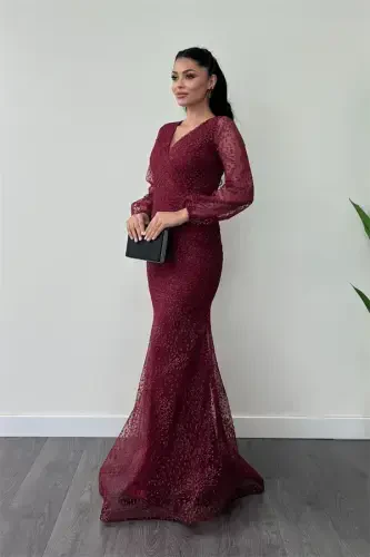 Sequinned Tulle Fabric Crossover Neck Fishtail Dress - BURGUNDY - BÜYÜKBEDENIZ (1)