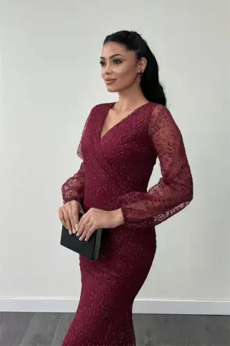 Sequinned Tulle Fabric Crossover Neck Fishtail Dress - BURGUNDY - 3