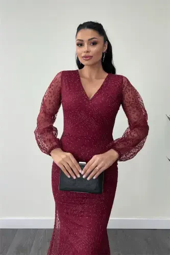 Sequinned Tulle Fabric Crossover Neck Fishtail Dress - BURGUNDY - 4