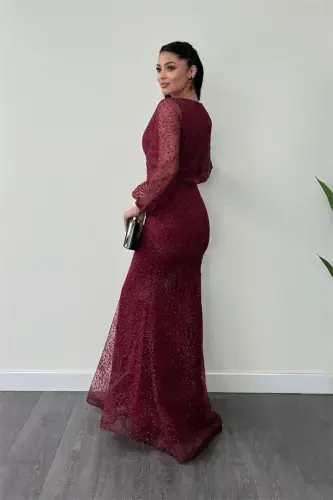 Sequinned Tulle Fabric Crossover Neck Fishtail Dress - BURGUNDY - 5