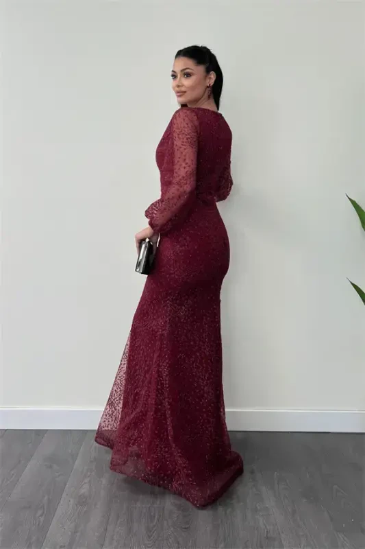 Sequinned Tulle Fabric Crossover Neck Fishtail Dress - BURGUNDY - 5