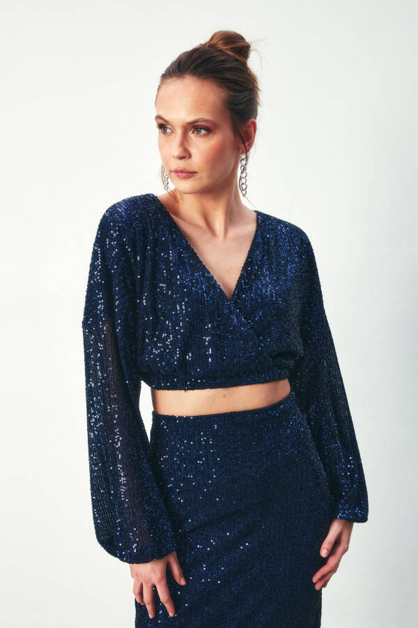 Sequinned Wrap Blouse - NAVY - 2