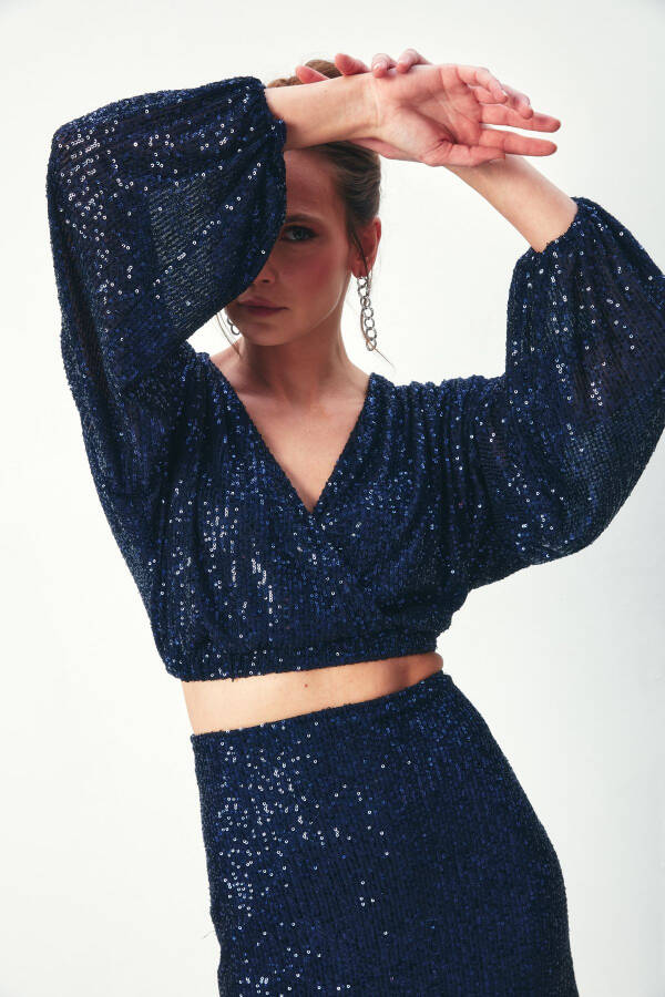 Sequinned Wrap Blouse - NAVY - 5