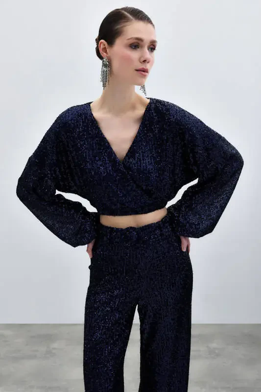 Sequinned Wrap Blouse - NAVY - 1