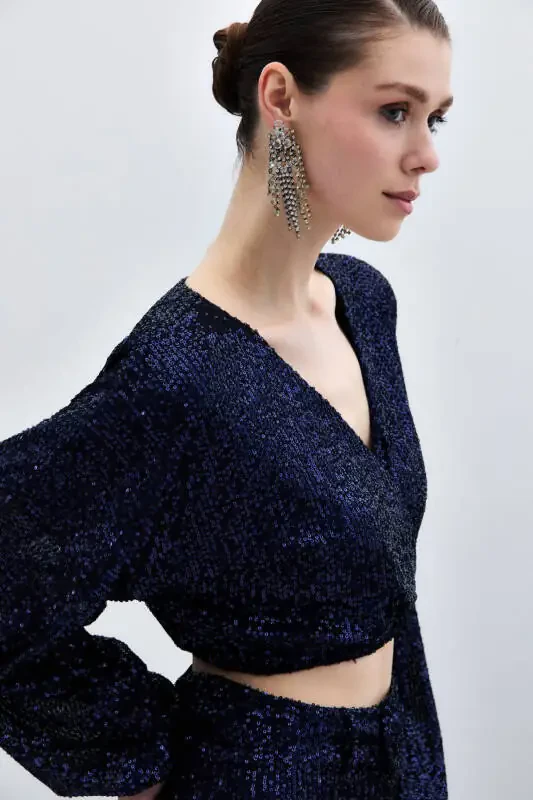Sequinned Wrap Blouse - NAVY - 3