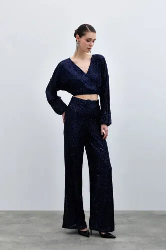 Sequinned Wrap Blouse - NAVY - 4