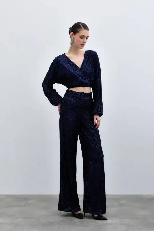 Sequinned Wrap Blouse - NAVY - 4