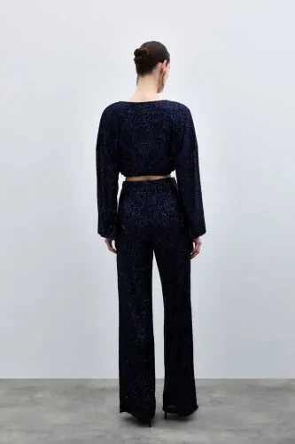 Sequinned Wrap Blouse - NAVY - 5