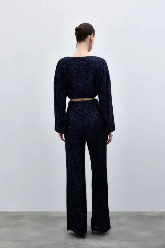 Sequinned Wrap Blouse - NAVY - 5