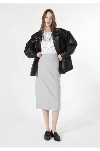 Серая юбка миди с разрезом, slim fit - 1