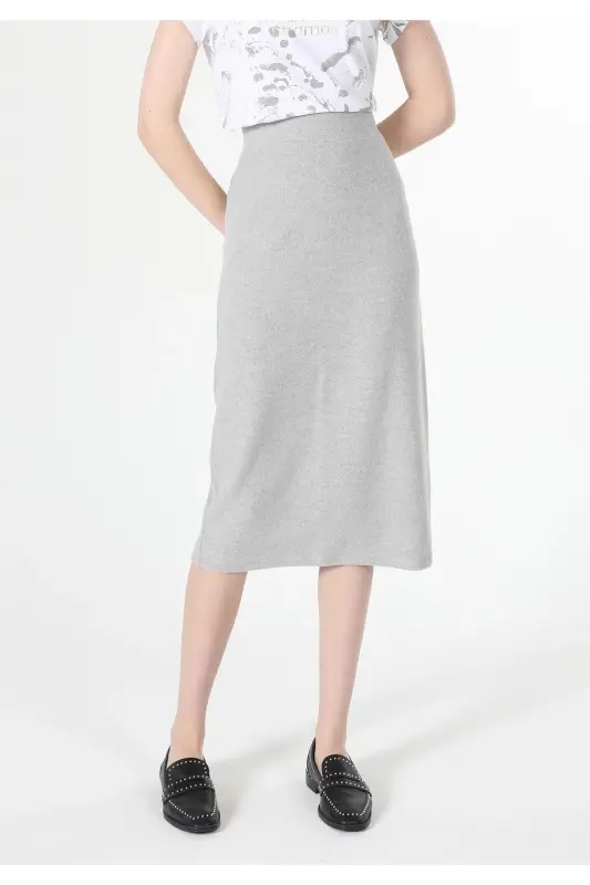 Серая юбка миди с разрезом, slim fit - 4