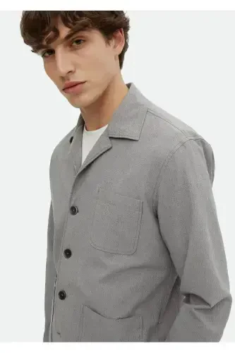 Серая Однотонная Повседневная Плетёная Смесовая Рубашка Свободного Кроя - 4