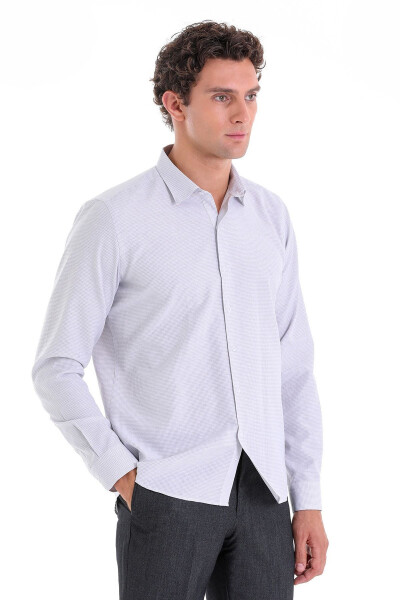 Gri Comfort Fit Çizgili Pamuklu Slim Yaka Uzun Kol 