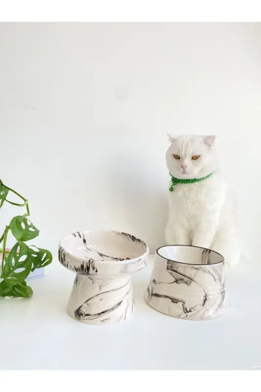 Seramik Kedi Ve Köpek Mama Su Kabı (SİYAH BEYAZ & COLORFUL MOON SİYAH ÇİZGİLİ - EBRU DESEN- 2'Lİ) - SİYAH BEYAZ - 1