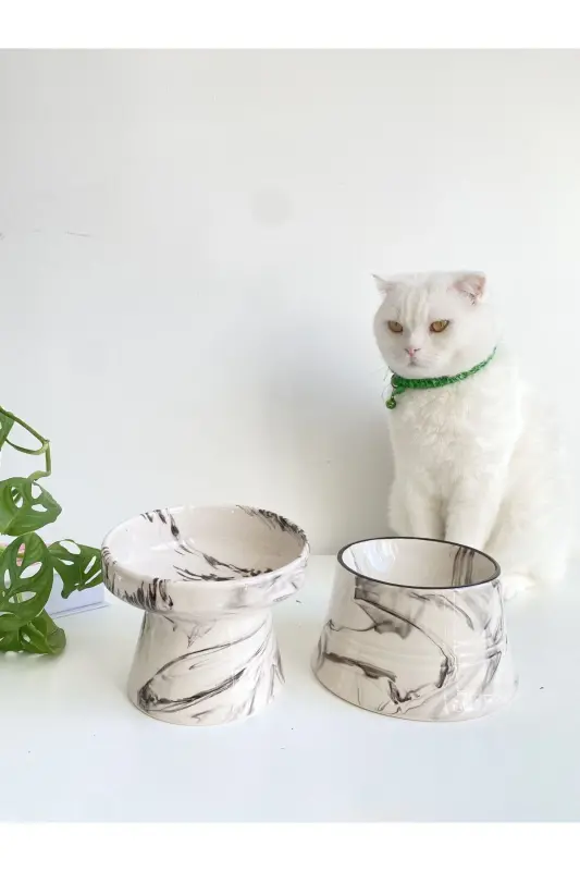 Seramik Kedi Ve Köpek Mama Su Kabı (SİYAH BEYAZ & COLORFUL MOON SİYAH ÇİZGİLİ - EBRU DESEN- 2'Lİ) - SİYAH BEYAZ - 2