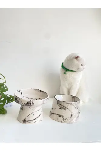 Seramik Kedi Ve Köpek Mama Su Kabı (SİYAH BEYAZ & COLORFUL MOON SİYAH ÇİZGİLİ - EBRU DESEN- 2'Lİ) - SİYAH BEYAZ - 3