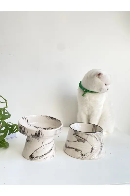 Seramik Kedi Ve Köpek Mama Su Kabı (SİYAH BEYAZ & COLORFUL MOON SİYAH ÇİZGİLİ - EBRU DESEN- 2'Lİ) - SİYAH BEYAZ - 3