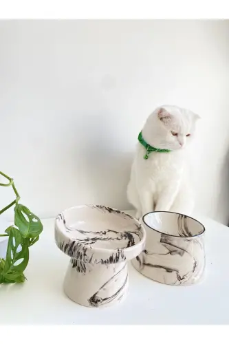 Seramik Kedi Ve Köpek Mama Su Kabı (SİYAH BEYAZ & COLORFUL MOON SİYAH ÇİZGİLİ - EBRU DESEN- 2'Lİ) - SİYAH BEYAZ - 4