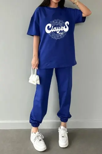 Series T-shirt Eşofman Altı Jogger- Saxs Baskı Alt Üst Eşofman Takımı Oversize Bisiklet Yaka-SAXS 