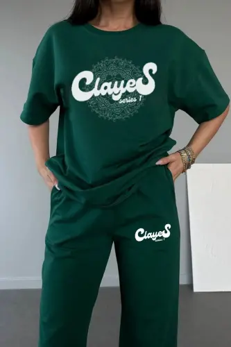 Series T-shirt Eşofman Altı Jogger- Yeşil Baskı Alt Üst Eşofman Takımı Oversize Bisiklet Yaka - Yeşil - CLAYES (1)