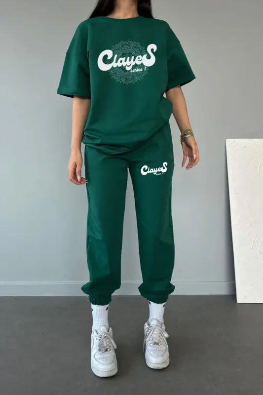 Series T-shirt Eşofman Altı Jogger- Yeşil Baskı Alt Üst Eşofman Takımı Oversize Bisiklet Yaka - Yeşil - CLAYES