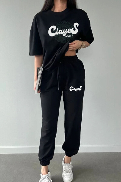 Series T-shirt Jogger shimi - Qora bosma yuqori va pastki sport kostyumi, keng o'lcham, yumaloq yoqa - CLAYES