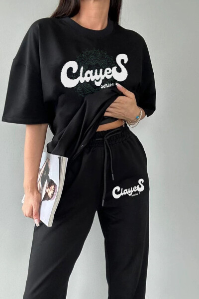Series T-shirt Jogger shimi - Qora bosma yuqori va pastki sport kostyumi, keng o'lcham, yumaloq yoqa - CLAYES (1)