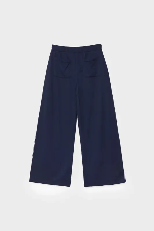 Şerit detaylı ve pamuklu geniş paça pantolon-Lacivert - 6