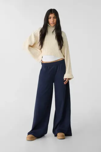 Şerit detaylı ve pamuklu geniş paça pantolon-Lacivert 