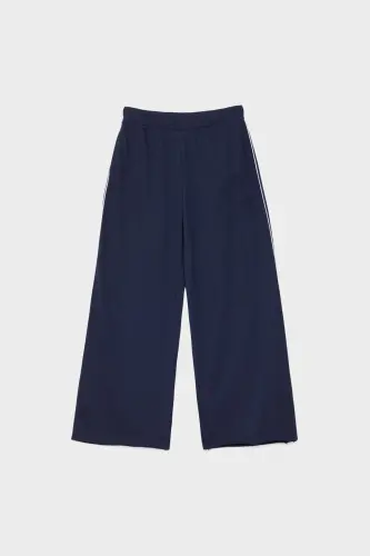 Şerit detaylı ve pamuklu geniş paça pantolon-Lacivert - 5