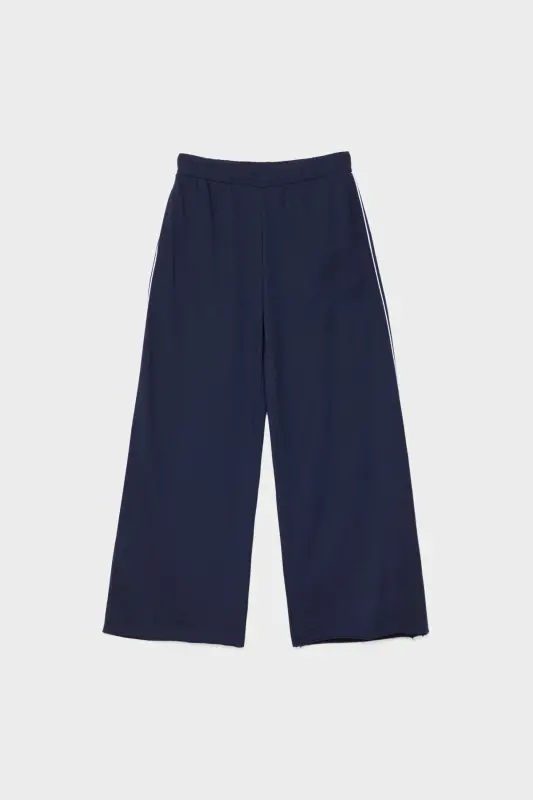 Şerit detaylı ve pamuklu geniş paça pantolon-Lacivert - 5