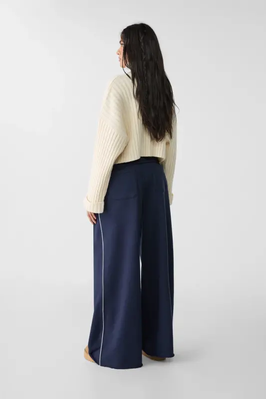 Şerit detaylı ve pamuklu geniş paça pantolon - Lacivert - 3