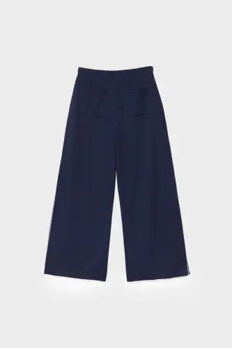 Şerit detaylı ve pamuklu geniş paça pantolon - Lacivert - 6