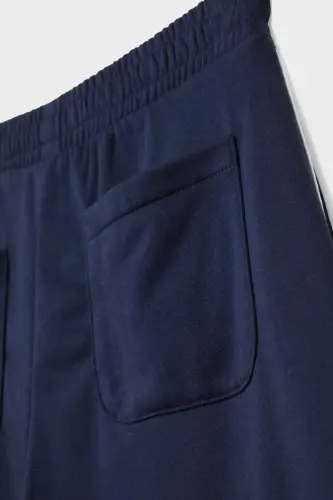 Şerit detaylı ve pamuklu geniş paça pantolon - Lacivert - 7