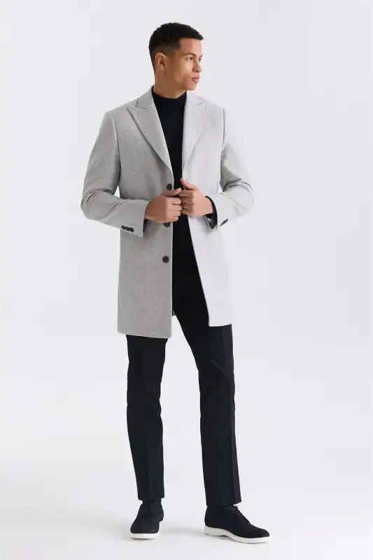 Серое пальто свободного покроя с острым воротником, рисунком в виде елочки из шерсти и кашемира - 2