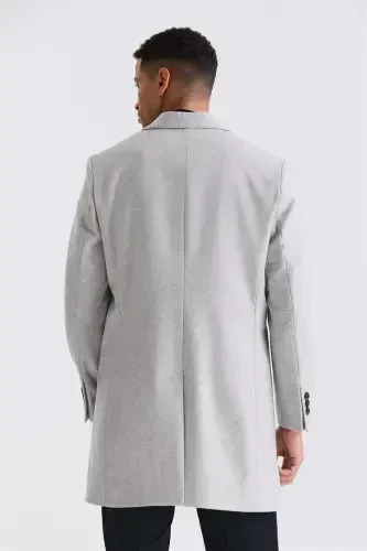 Серое пальто свободного покроя с острым воротником, рисунком в виде елочки из шерсти и кашемира - 4