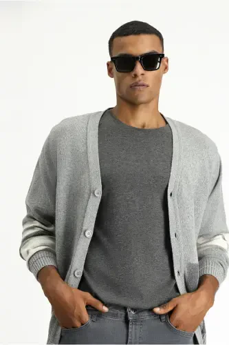 Шерстяной Трикотажный Кардиган с Узором - Светло-Серый - 3