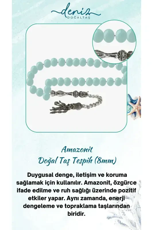 Сертифицированная Амазонит Натуральная Каменная Тасбих 8 мм - DENIZ DOĞAL TAŞ