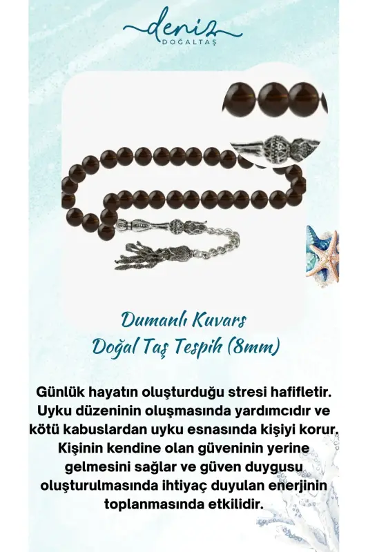Sertifikalı Dumanlı Kuvars Doğal Taş Tesbih 8mm - tesbihrenk10 - 1