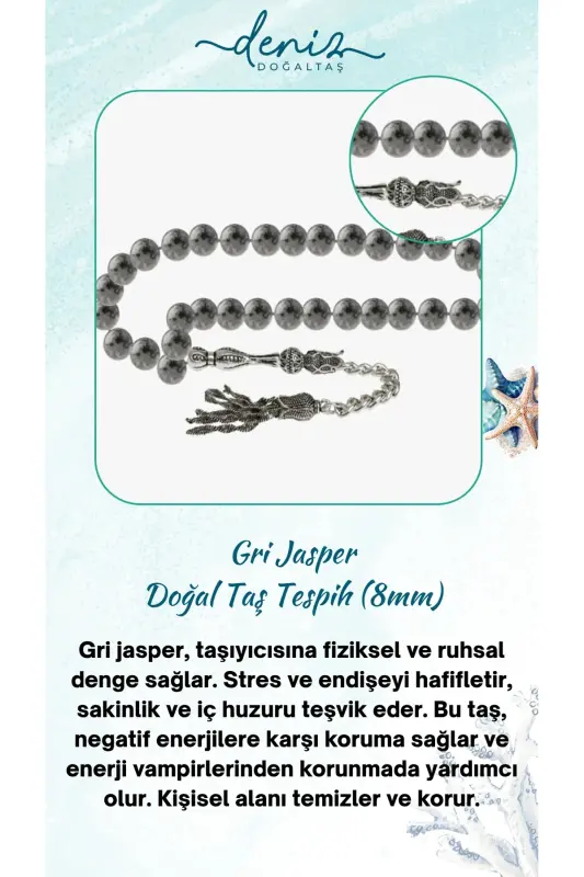 Sertifikali Kulrang Yashma Tabiiy Tosh Tasbeh 8mm - tasbehrang12 - DENIZ DOĞAL TAŞ